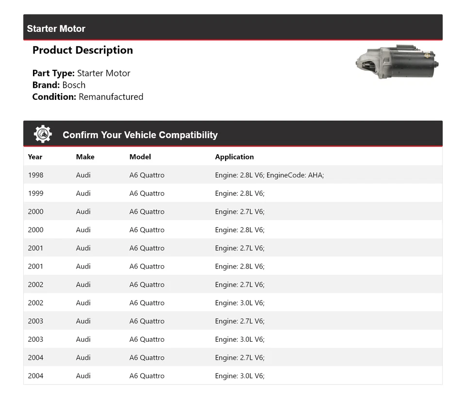 Arranque para Audi A6 Quattro Bosch 1998-2004 (remanufacturado) 1999 2000 2001 2002 Foto 2 de 4