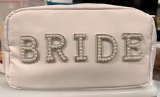 Bride Bag,Pearl Rhinestone Letter makeup Toiletry Bag, White Satin Waterproof