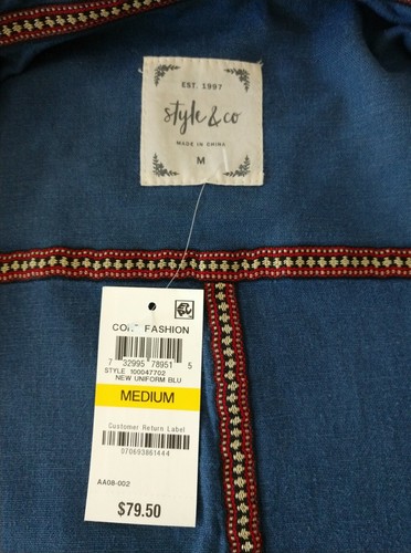 NWT Style & Co Women's M Linen Blue Jacket Top Zip-Up Roll Tab Long Sleeve - Picture 6 of 8