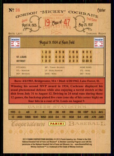 2013 Panini Cooperstown Mickey Cochrane Detroit Tigers #38 - Picture 2 of 2