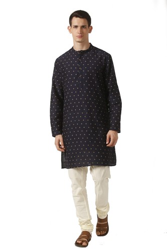 In-Sattva Herren Mandarin Kragen Micro Dobby Fine Print Navy Blau Kurta Tunika  - Bild 3 von 7