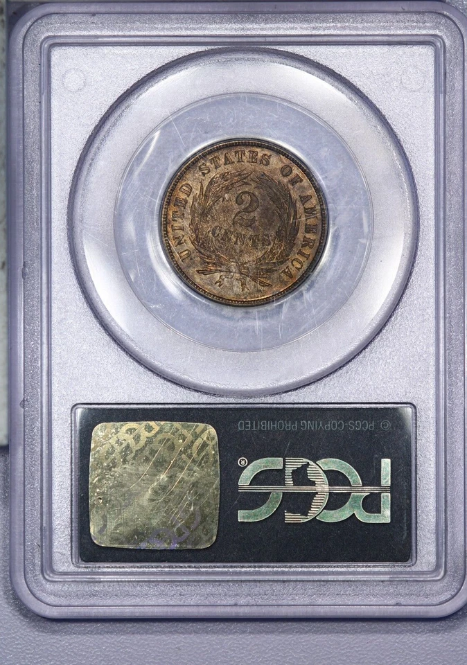 1870 Two Cent Piece 2c PCGS PF63 PR63RB OGH Old Green Holder with Lots of Red LB - Image 2 of 2
