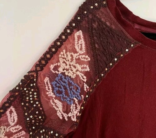 Free People Top S Rendezvous Tee Red Wine Embroidered Sequin Mesh Sleeve NWT $88 - Picture 6 of 8