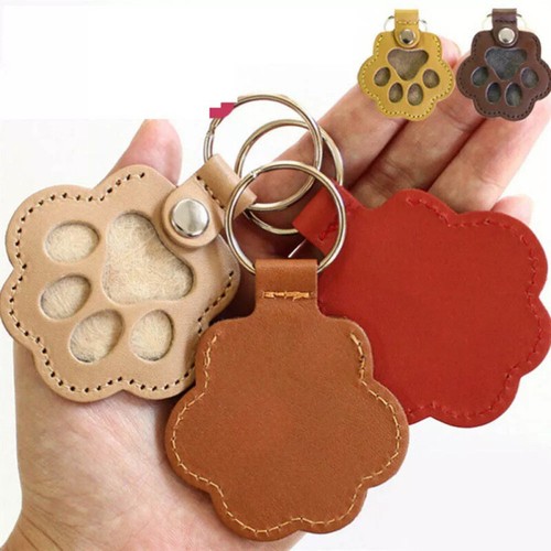 Leather Memorial Pet Hair Storage Bag Cat Paw Print Shaped Card Holder Keychain - Picture 5 of 17
