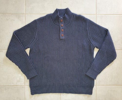LL Bean Men's Large Button Front Cable Knit Fisherman Sweater 100% Cotton Navy