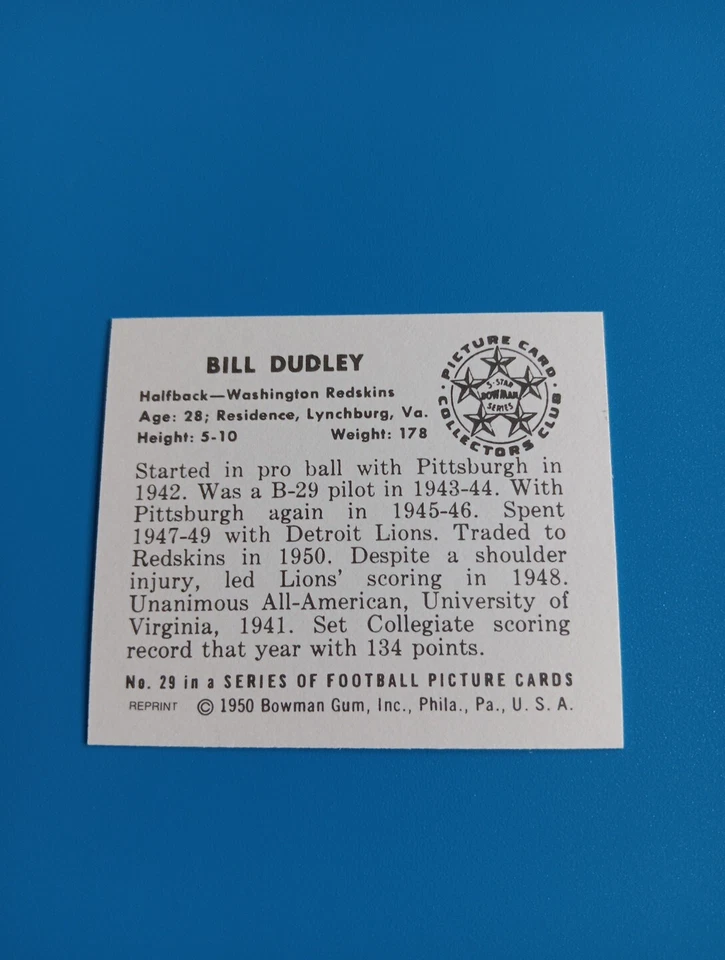 Bill Dudley 1950 Bowman Reprint Football Card Washington Redskins #29 - Image 2 of 2