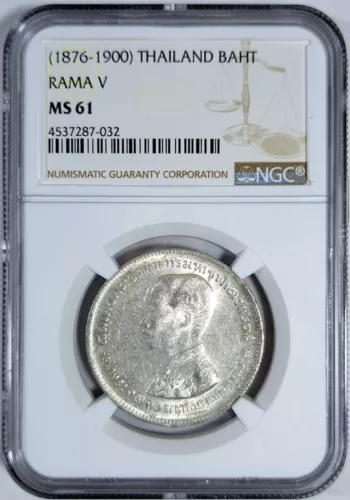 1876-1900 Thailand silver coin, King Rama V, 1 Baht NGC MS61