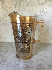 Jeanette Glass Pitcher Iridescent Marigold Carnival Glass w/ Castle 10” Tall