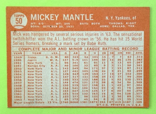 1964 Topps Mickey Mantle New York Yankees 50 All Star World Series Champion HOF - Picture 2 of 2