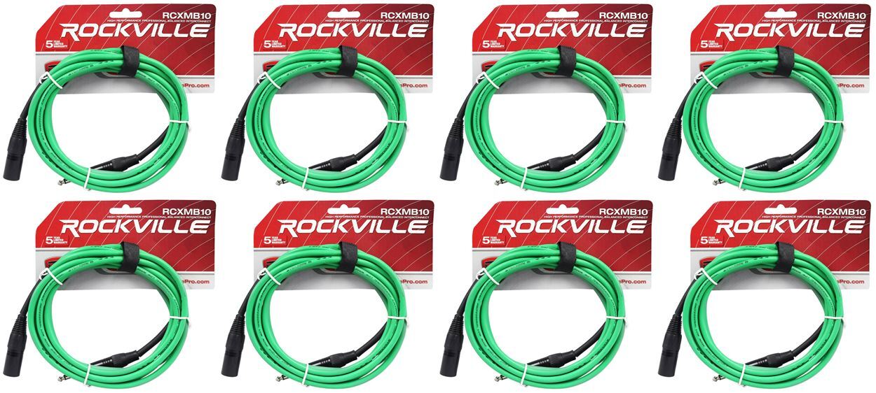 8 Сбалансированных кабелей Rockville RCXMB10-G Green с 10 разъемами от REAN XLR до 1/4 TRS