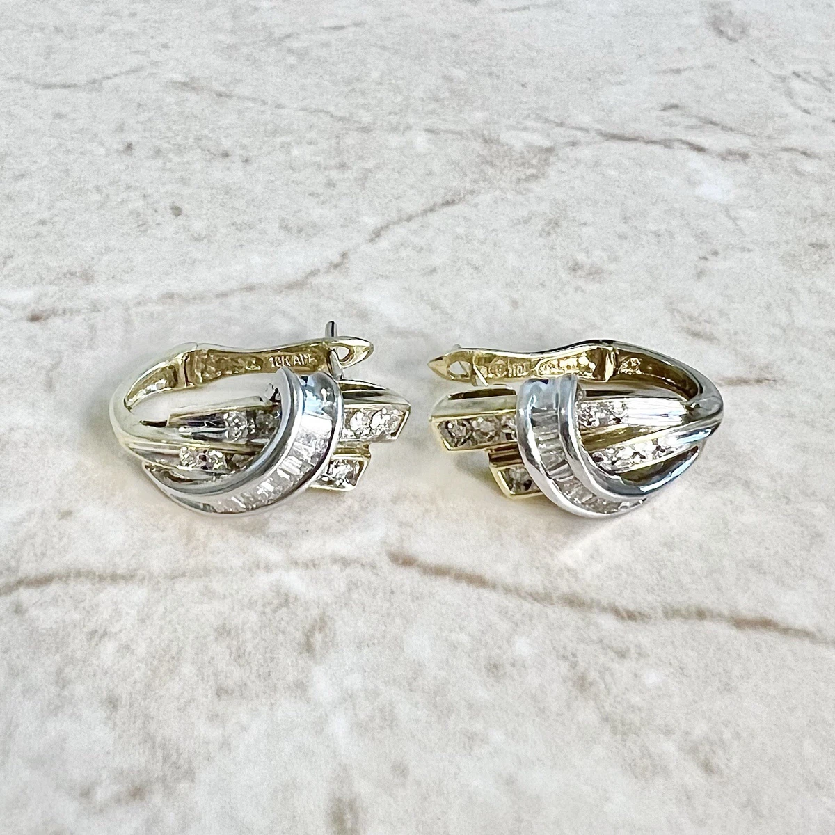 10K Crossover Diamond Huggie Hoop Earrings Two Tone Gold Diamond