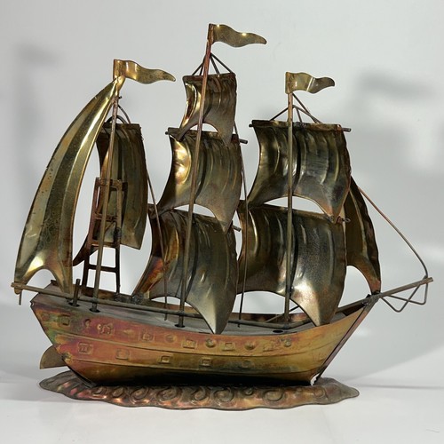 Vintage Tin Metal 3 Mast Sailing Ship Hong Kong Nautical Brutalist Gold Copper - Picture 5 of 9