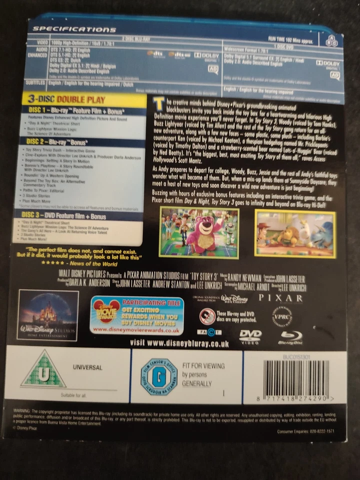 Toy Story 3 (2012) Blu-ray + DVD Slipcase Disney Pixar Triple Play - Image 2 of 4