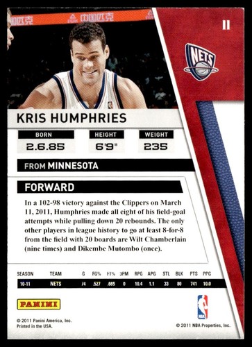 2011-12 Panini Season Update Kris Humphries New Jersey Nets #24 - Picture 2 of 2