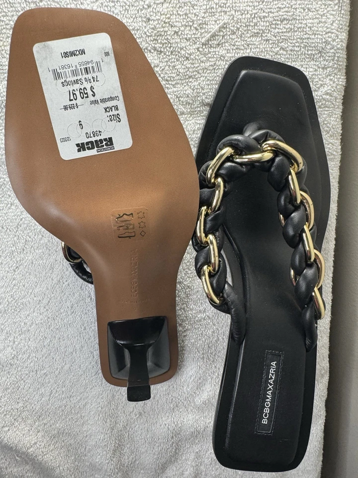 Nuevo BCBGMAXAZRIA Mujer Cuero Liso Negro Dorado Cadena MIs Tia Talla 9/40 Foto 2 de 3