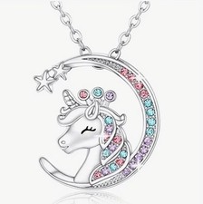 Silver Unicorn Crescent Moon Colorful Rhinestone Pendant Necklace Girls Jewelry