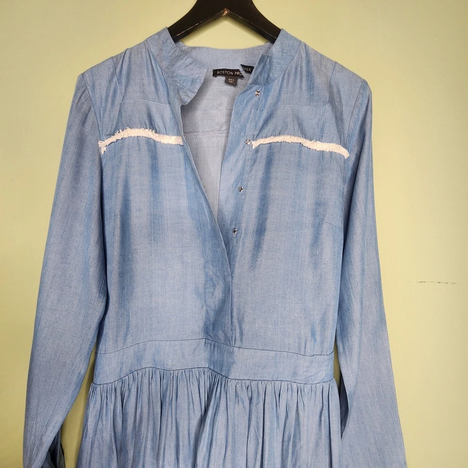 Vestido Camisa Boston Propio Manga Larga Cambray Azul Flecos A Presión Western Boho S Foto 3 de 4