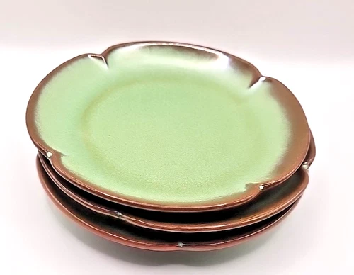 3 Frankoma Pottery Plainsman Prairie Green Dessert Plates 5GS Scalloped