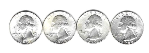 USA WASHINGTON QUARTERS 4 COINS  90% SILVER UNCIRCULATED 1940 1959 1964-2