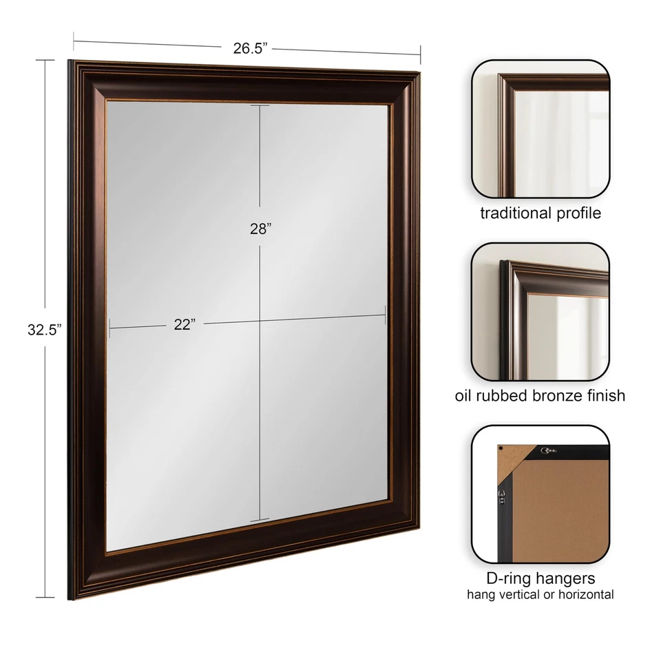 Galiano Traditional Framed Rectangle Bathroom Vanity Mirror, 27 x 33, Bronze,... - Image 2 of 4