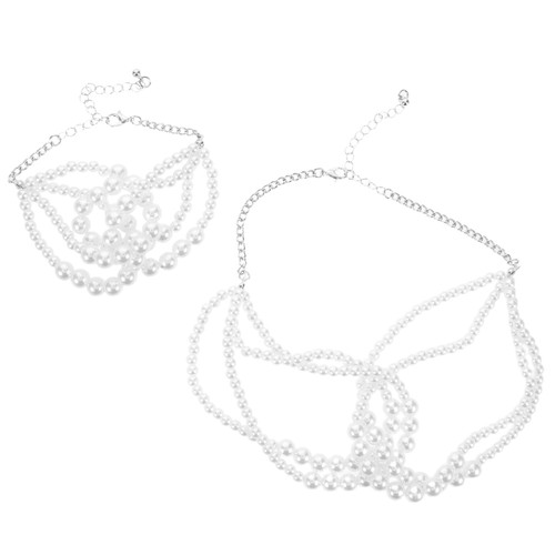 2pcs Layered Knotted Necklace Bracelet Jewelry Accessories Faux Plastic Pearl - Picture 3 of 20