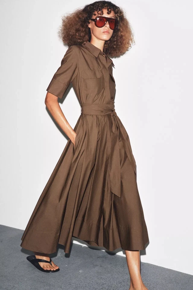 ZARA - Vestido de Popelina Colección ZW en Marrón - Talla XS Foto 3 de 4