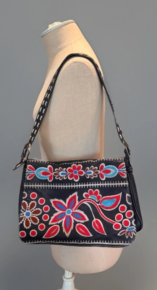 Bolsa de ombro Isabella Fiore floral de couro bordado com miçangas Y2K vintage rara - Imagem 2 de 4