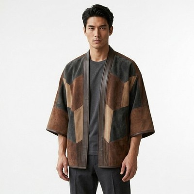 Men's Genuine Suede Leather Kimono Jacket Geometric Patchwork Brown Open Coat