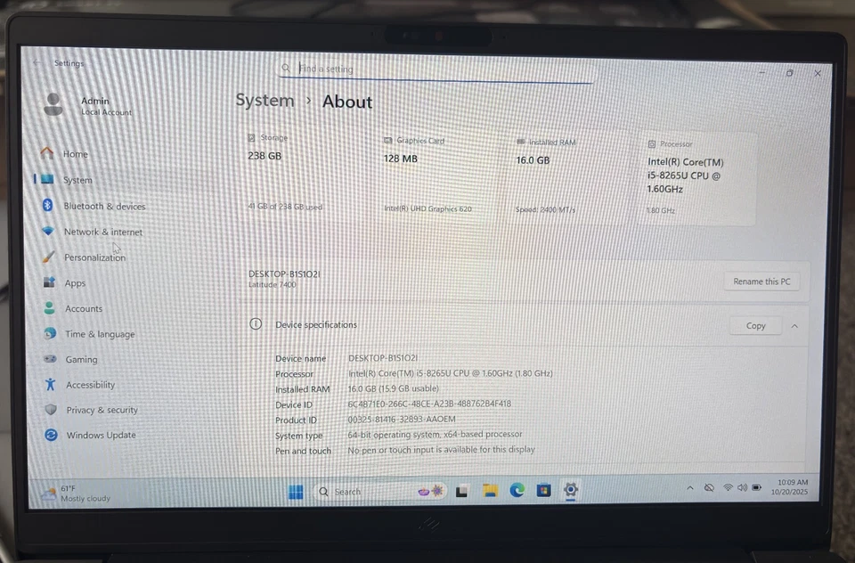 Dell Latitude 7400 14 FHD i5-8265U 1.60GHz 16GB RAM 256GB SSD Windows 11 - Image 3 of 4