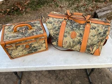 Vtg Mark Cross Italy Train Case & Hand Bag Tapestry / Leather Luggage Set Locks
