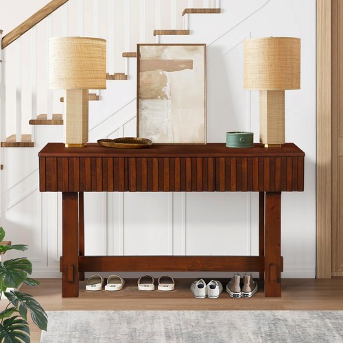 52 Inch Mid Century Farmhouse Fluted Solid Wood Sofa Table with Storage Drawers - Picture 4 of 16