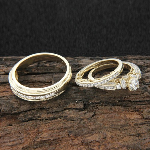 2,55 Karat RD Cut Simulation Diamant His & Her Trio Set Wed. Brautring 14k Gold über - Bild 4 von 9