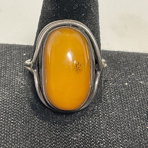 Vintage Sterling Silver handmade Egg Yolk Amber Ring Size 9 1/2 Designer Signed