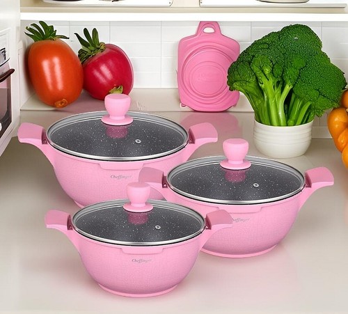 Kochtopf Kasserolle Topf Set 6-tlg mit Glasdeckel Cheffinger pink LC-01 - Bild 3 von 7