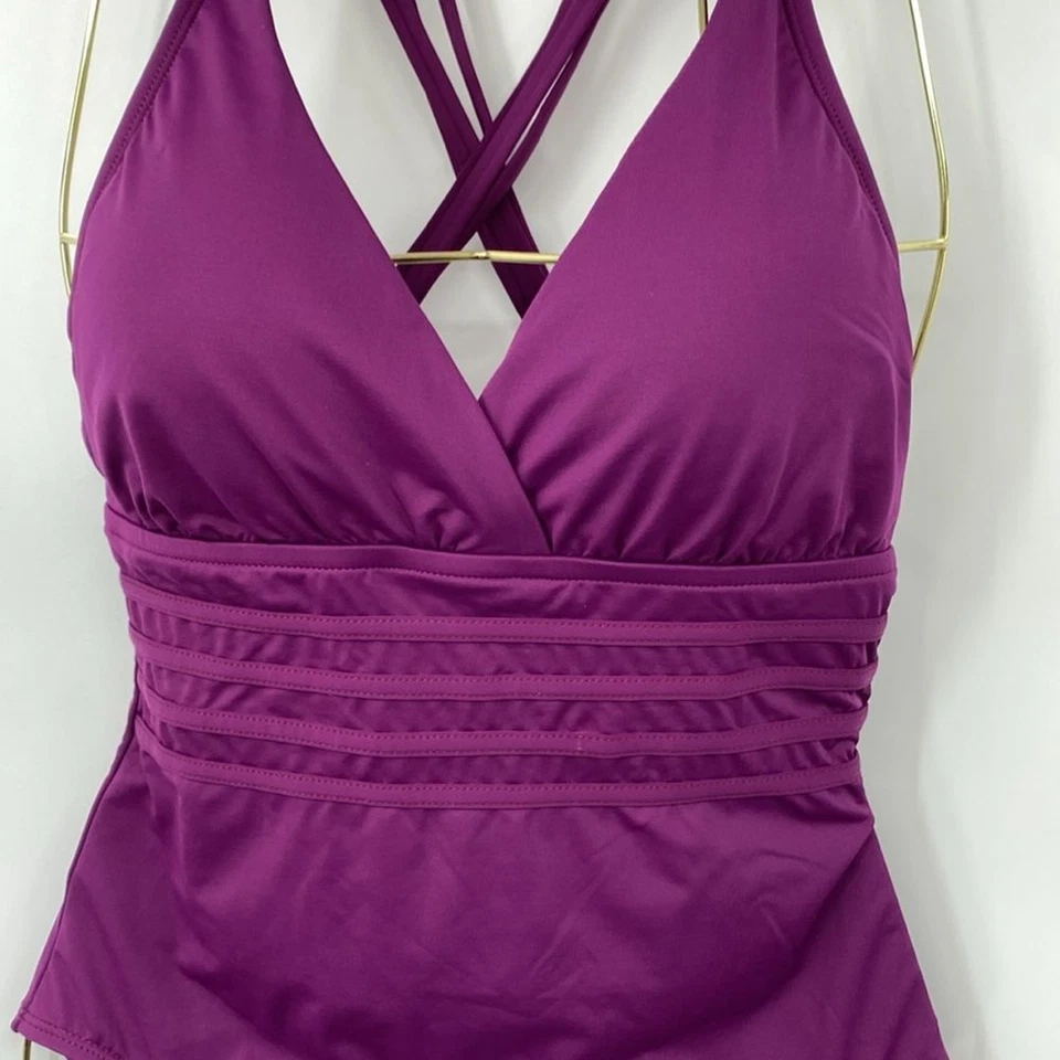 Traje de baño La Blanca de una pieza para mujer talla 10 púrpura entrecruzado cuello en V acolchado Foto 2 de 4