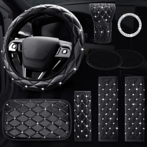 9 Pcs Bling Car Accessories Set for Women, Diamond Steering Wheel Cover, Rhinest