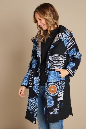 HOURGLASS Corduroy Coat Blue Print Size 20 Hoodie Long Sleeves Lined Pockets - Picture 2 of 22