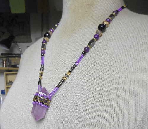 Amethyst Double Terminated Stone Point Beaded Necklace Onyx Hematite Stone Beads - Picture 3 of 7