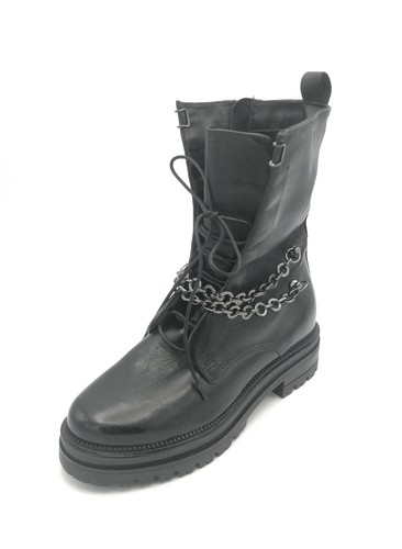 Mjus M77263 Black Leather Ankle Boots With Laces Zipper Metal Chains Heel 4.5Cm - Picture 2 of 5