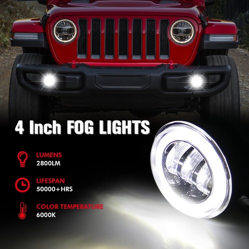 Luces antiniebla LED redondas de 4 pulgadas con halo ojos de ángel lámpara DRL para Jeep Wrangler JK LJ JT - Imagen 8 de 12