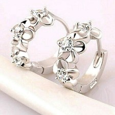 Silver Flower Hoop Earrings Crystal Huggie Earrings Flower Earrings Flower Hoops