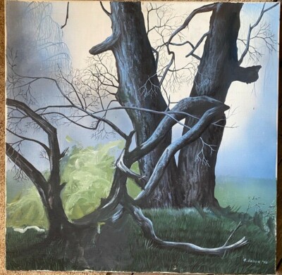 Two Trees in Dark Environment Painting Acrylic Fog Mystical Signed Seifert