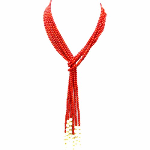 "Collar largo de coral rojo natural de 3 mm para mujer blanco perla 3 hebras 45" - Imagen 6 de 8