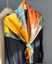 43" Square 100 Silk satin Scarf Women large Shawl Wrap floral yellow blue MY173