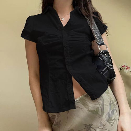 Y2K Vintage Folds Crop Top White Button Up Short Blouse Women Bandage Korean - Imagen 4 de 10