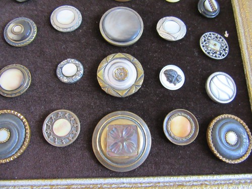 Antique Victorian Button Metal Vulcanite Trimmed Shell Framed Collection x 31 - Picture 6 of 7