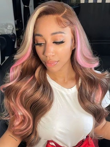 Brown Mixed Pink Blonde Wig Long Wave 4x4 Lace Front 100% Human Hair Wigs Daily - Picture 3 of 8