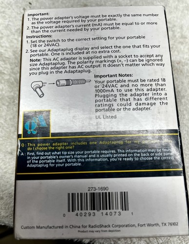Adaptador de corriente Radio Shack 273-1690 18/24 V CA 1000mA - Falta extremo adaptador - Imagen 2 de 5