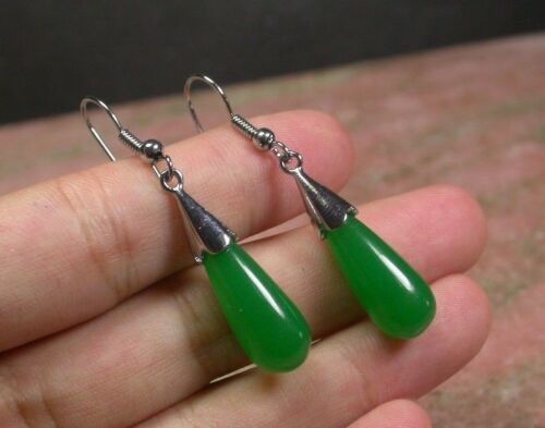 Fashion Natural Green Jade Teardrop 925 Silver Hook Dangle Earrings - Picture 3 of 12