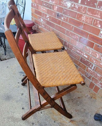 Vintage Double Wooden Folding Chair Oak Woven Wicker Seats #2 - Picture 5 of 13